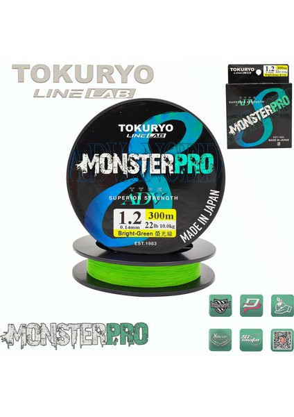 Tokuryo Lıne Lab Monsterpro X8 1.2pe 0.14MM 22IB 10.0kg Bright-Green 300MT Örgü Ip
