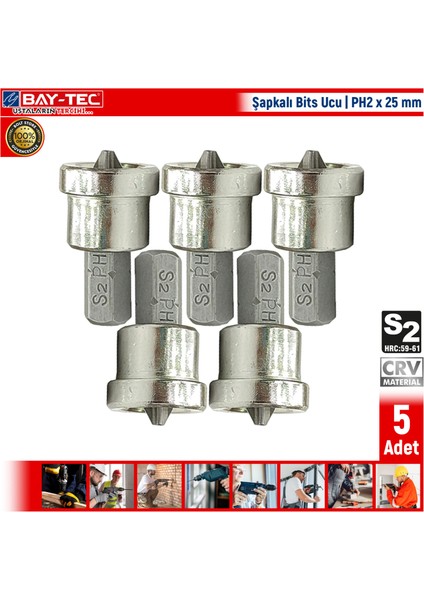 Şapkalı Bits Ucu | Ph2 x 25 mm | 5 Adet