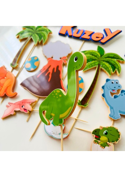 Dinozor Temalı Erkek Çocuk Doğum Günü Isme Özel 3 Boyutlu Çubuklu Pasta Parti Süsü Seti