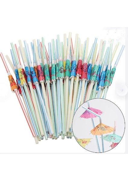Hawaian Renkli Şemsiye Şekilli 24 cm Plastik Körüklü Pipet 25 Adet