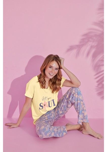 Kadın Sarı Baskılı Pamuklu Kısa Kollu Pijama Takımı