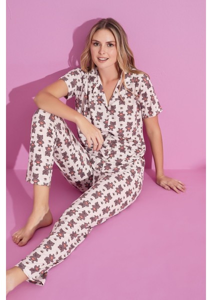 Kadın Ayıcık Desenli Düğmeli Pamuklu Gömlek Yaka Kısa Kollu Pijama Takımı