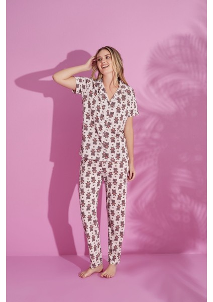 Kadın Ayıcık Desenli Düğmeli Pamuklu Gömlek Yaka Kısa Kollu Pijama Takımı fiyatları