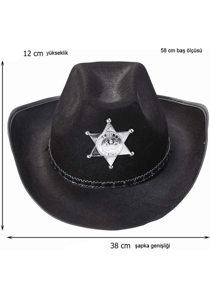 Şerif Rozetli Bağcıklı Yetişkin Keçe Kovboy Şapkası Siyah Renk Retro fiyatları
