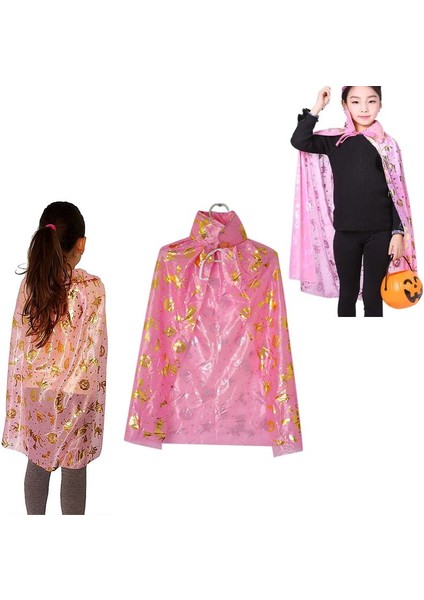 Halloween Ürkünçler Baskılı 3-7 Yaş Bebek Çocuk Pelerini Pembe Renk 70 cm