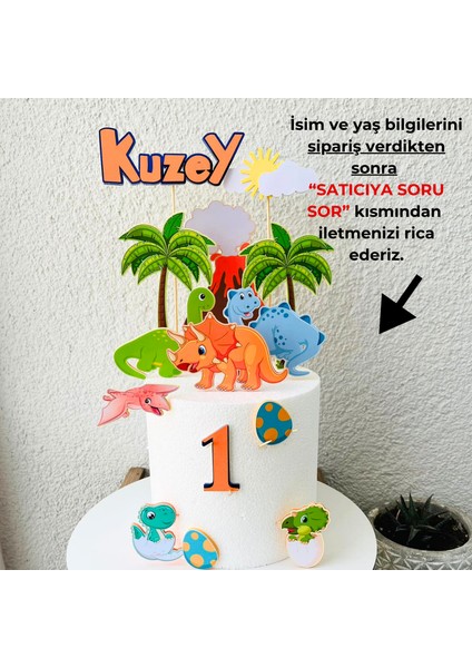 Dinozor Temalı Erkek Çocuk Doğum Günü Isme Özel 3 Boyutlu Çubuklu Pasta Parti Süsü Seti