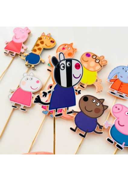 Cake Topper Peppa Temalı Kız Çocuk Doğum Günü 3 Boyutlu Çubuklu Pasta Süsü Seti (10 Adet)