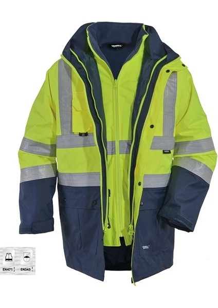 Oxford 5+1 Reflektörlü Içi Çıkmalı Kışlık Parka Mont Sarı Lacivert ve Turuncu Lacivert