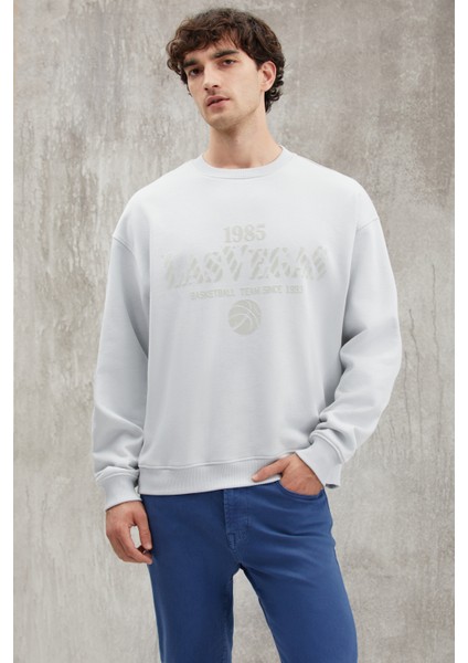 Jochen Erkek Oversize Fit Kadife Kolej Baskılı Içi Polarlı Gri Sweatshirt