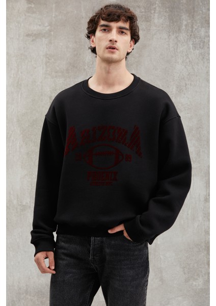 Jochen Erkek Oversize Fit Kadife Kolej Baskılı Içi Polarlı Siyah Sweatshirt