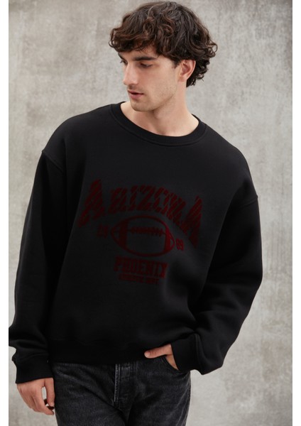 Jochen Erkek Oversize Fit Kadife Kolej Baskılı Içi Polarlı Siyah Sweatshirt