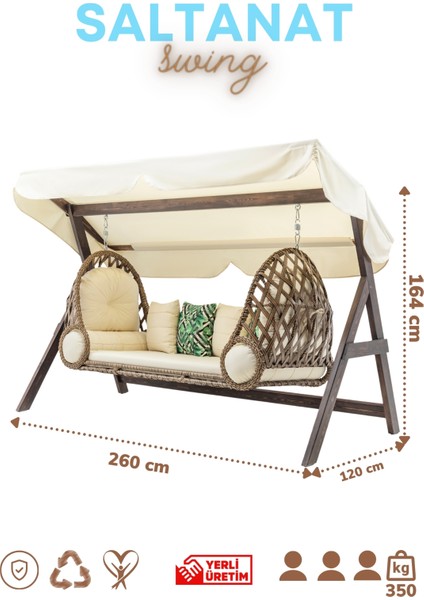 Swing Saltanat Ahşap Rattan Salıncak Dış Mekan Bahçe Balkon ve Teras Salıncağı Krem