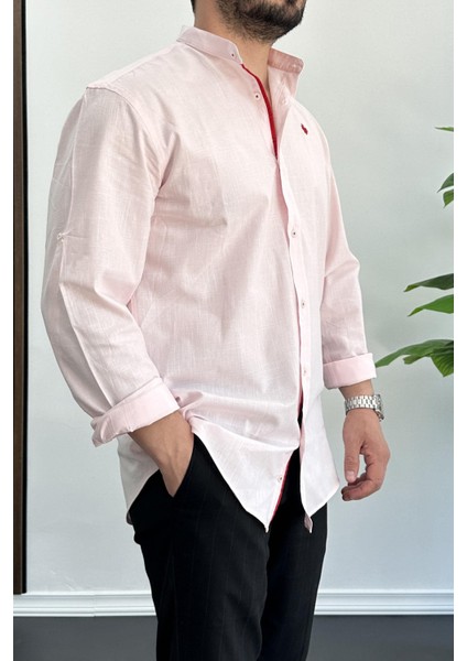 Erkek Slim Fit Keten Görünümlü Pamuklu Gömlek Pembe Edw087