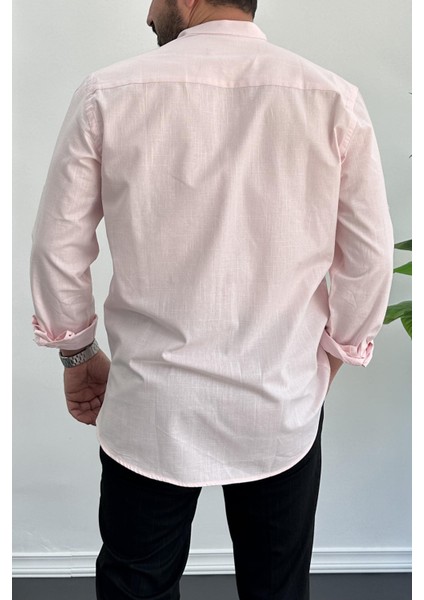 Erkek Slim Fit Keten Görünümlü Pamuklu Gömlek Pembe Edw087