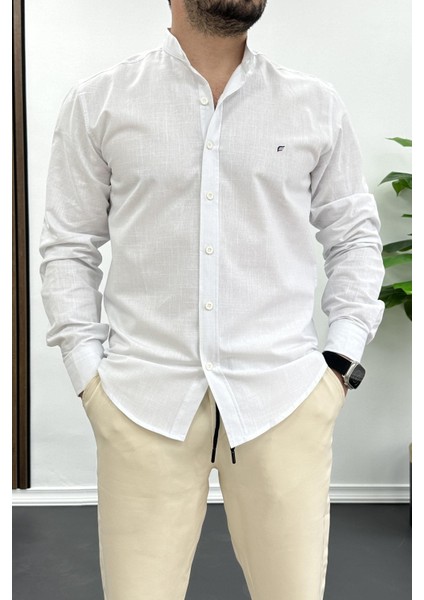 Erkek Slim Fit Keten Görünümlü Pamuklu Gömlek Beyaz Edw087