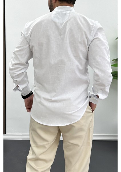 Erkek Slim Fit Keten Görünümlü Pamuklu Gömlek Beyaz Edw087 modelleri