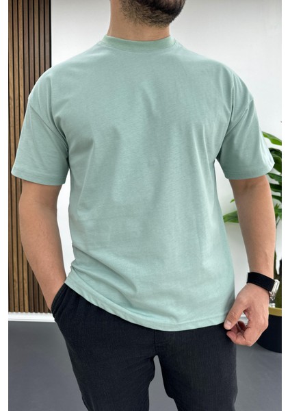 Erkek Oversize %100 Pamuk Nefes Alan Basic T-shirt Yeşil Edw038