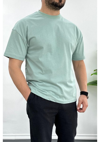 Erkek Oversize %100 Pamuk Nefes Alan Basic T-shirt Yeşil Edw038