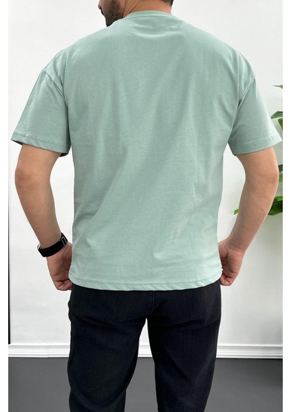 Erkek Oversize %100 Pamuk Nefes Alan Basic T-shirt Yeşil Edw038