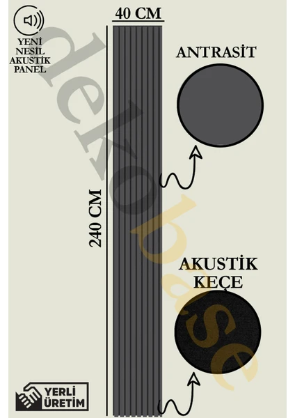 40X240 cm Antrasit Renk Akustik Ahşap Duvar Paneli