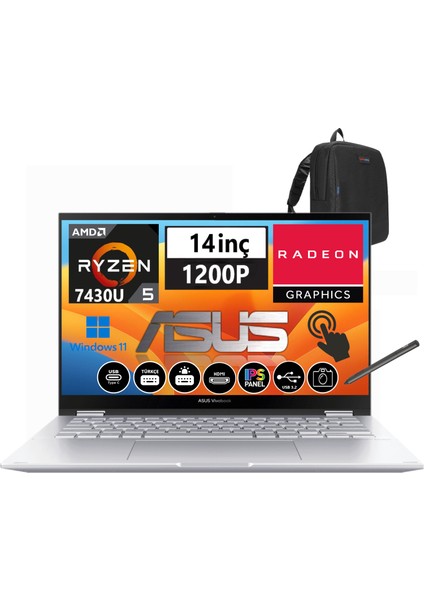 Vivobook S 14 TN3402YA Flip Amd Ryzen 5 7430U 8gb 1tb SSD Wuxga 14.0" WINDOWS11PRO Dokunmatik Taşınabilir Bilgisayar LZ310W23+ZETTAÇANTA