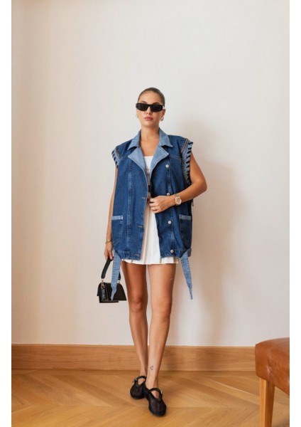 Kadın Mavi Fermuar ve Bağcık Detaylı Premium Denim Yelek