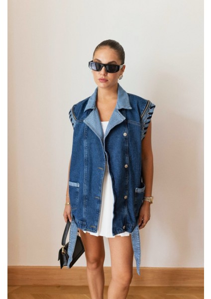 Kadın Mavi Fermuar ve Bağcık Detaylı Premium Denim Yelek fiyatları