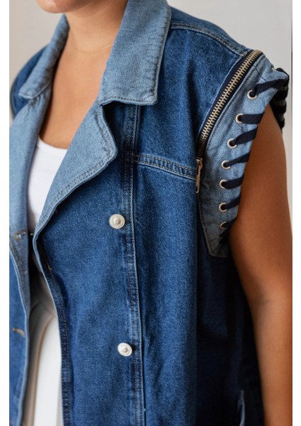 Kadın Mavi Fermuar ve Bağcık Detaylı Premium Denim Yelek modelleri