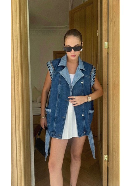 Kadın Mavi Fermuar ve Bağcık Detaylı Premium Denim Yelek fırsatları