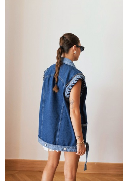 Kadın Mavi Fermuar ve Bağcık Detaylı Premium Denim Yelek indirimleri