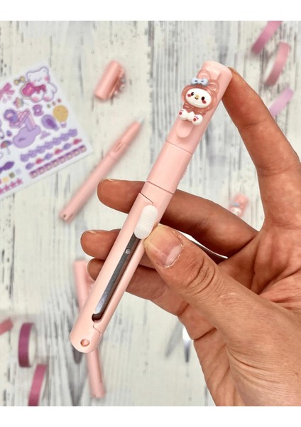 Sanrio My Melody Karakterli Pembe Kalem Görünümlü Çift Uç Tasarım Makas ve Maket Bıçağı