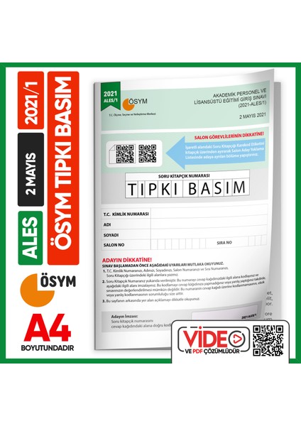 ALES 2021/1 ÖSYM Tıpkı Basım Çıkmış Soru Deneme Kitapçığı Video/PDF Çözümlü Türkiye Geneli