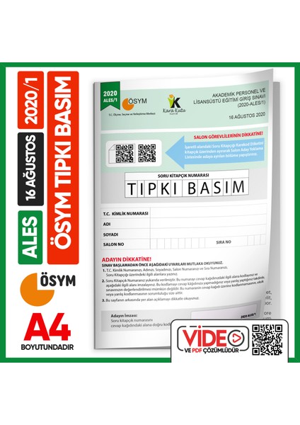 ALES 2020/1 ÖSYM Tıpkı Basım Çıkmış Soru Deneme Kitapçığı Video/PDF Çözümlü Türkiye Geneli