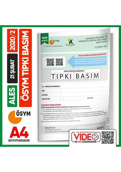 ALES 2020/2 ÖSYM Tıpkı Basım Çıkmış Soru Deneme Kitapçığı Video/PDF Çözümlü Türkiye Geneli