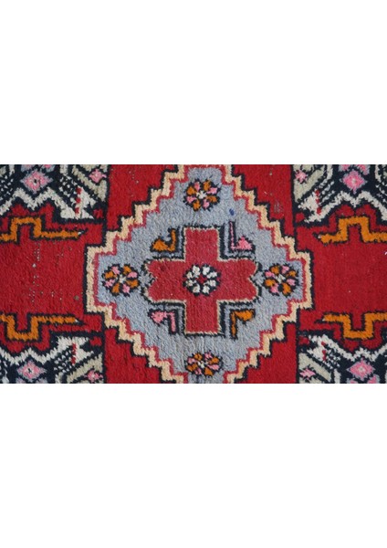 57X90 cm Yıkanabilir Küçük Boy Kırmızı Renkli El Dokuma Antik Kilim