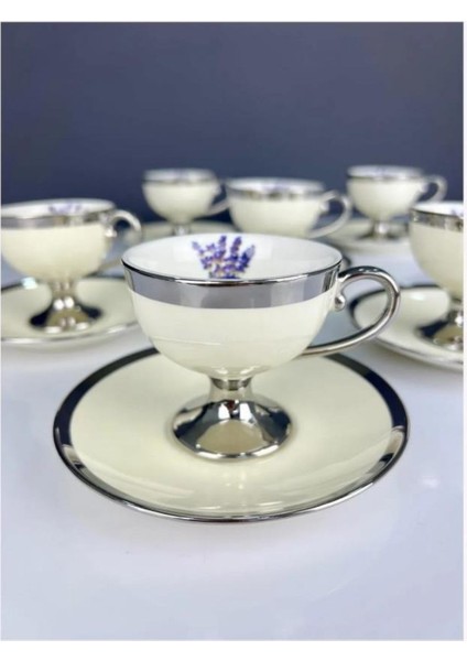 Porselen Miranda Silver 6 Kişilik Kahve Fincan Takımı Gümüş Yaldızlı Krem - HXF-05177 C320.033