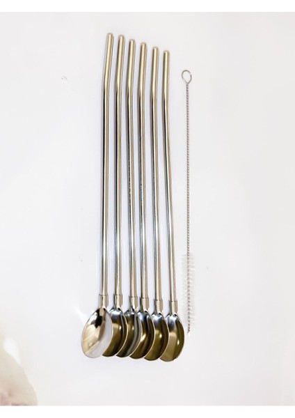 Kaşıklı Pipet Seti 6'lı Paslanmaz Çelik, Gold Renk