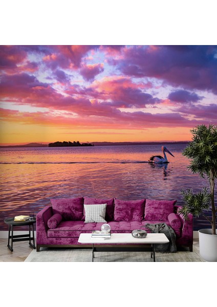 Mor Romantik Gece Deniz Kenarı Flamingo Temalı