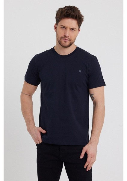 Erkek Lacivert Slim Fit Bisiklet Yaka %100 Pamuk Kısa Kollu Tişört - Lacivert fiyatları