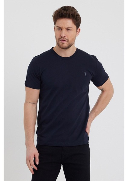 Erkek Lacivert Slim Fit Bisiklet Yaka %100 Pamuk Kısa Kollu Tişört - Lacivert modelleri