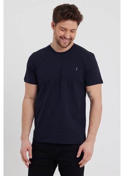 Erkek Lacivert Slim Fit Bisiklet Yaka %100 Pamuk Kısa Kollu Tişört - Lacivert fırsatları