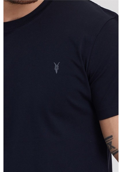 Erkek Lacivert Slim Fit Bisiklet Yaka %100 Pamuk Kısa Kollu Tişört - Lacivert indirimleri