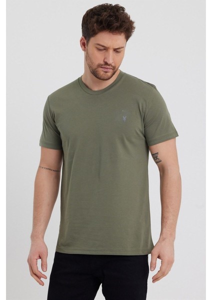 Erkek Haki Slim Fit Bisiklet Yaka %100 Pamuk Kısa Kollu Pamuklu Tişört - Haki