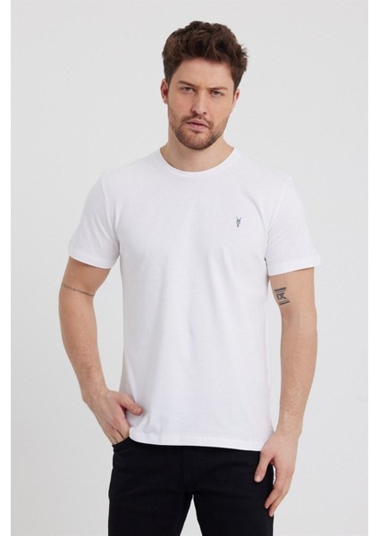Beyaz Slim Fit Bisiklet Yaka %100 Pamuk Kısa Kollu Tişört - Beyaz
