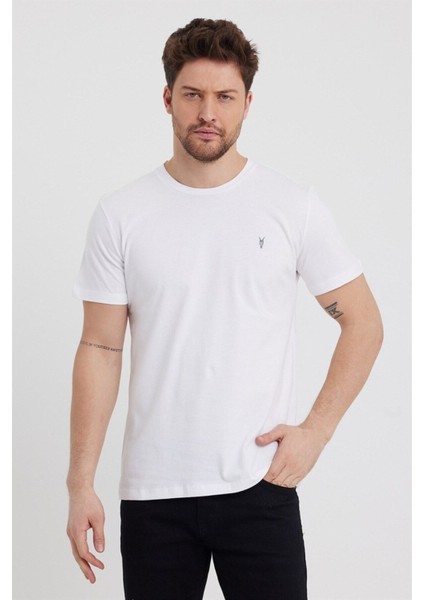Beyaz Slim Fit Bisiklet Yaka %100 Pamuk Kısa Kollu Tişört - Beyaz fiyatları