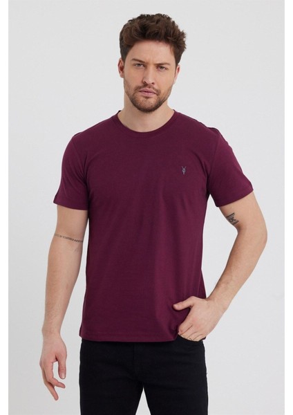 Erkek Bordo Slim Fit Bisiklet Yaka %100 Pamuk Kısa Kollu Tişört - Bordo