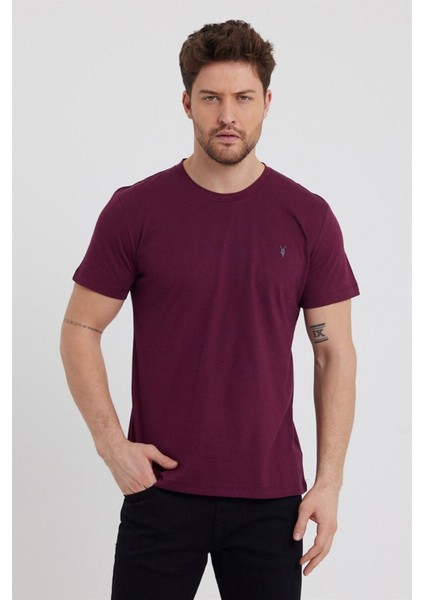 Erkek Bordo Slim Fit Bisiklet Yaka %100 Pamuk Kısa Kollu Tişört - Bordo