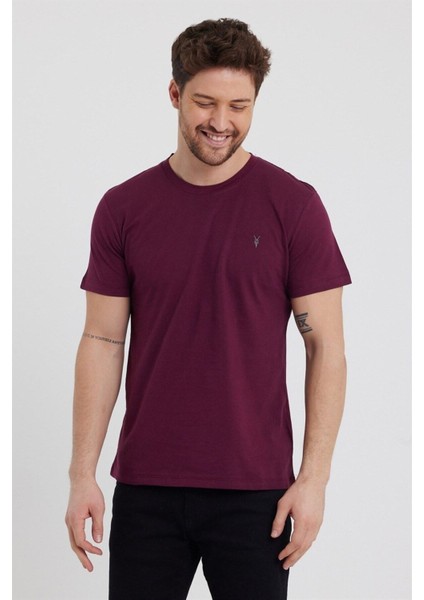Erkek Bordo Slim Fit Bisiklet Yaka %100 Pamuk Kısa Kollu Tişört - Bordo