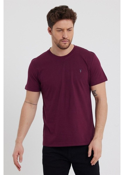 Erkek Bordo Slim Fit Bisiklet Yaka %100 Pamuk Kısa Kollu Tişört - Bordo