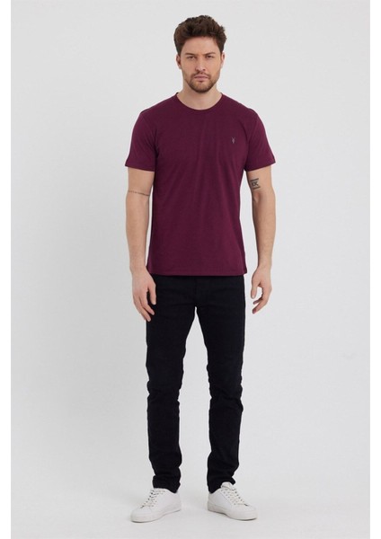 Erkek Bordo Slim Fit Bisiklet Yaka %100 Pamuk Kısa Kollu Tişört - Bordo